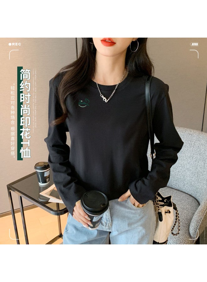 LANG SHA 100% Cotton Women'S Basic T-Shirt Versatile Round Neck Solid Color Print Long Staple Cotton Long Sleeve Top Women - Image 4