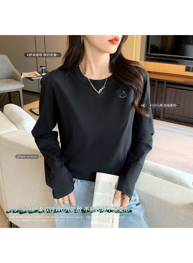 LANG SHA 100% Cotton Women'S Basic T-Shirt Versatile Round Neck Solid Color Print Long Staple Cotton Long Sleeve Top Women - Image 3