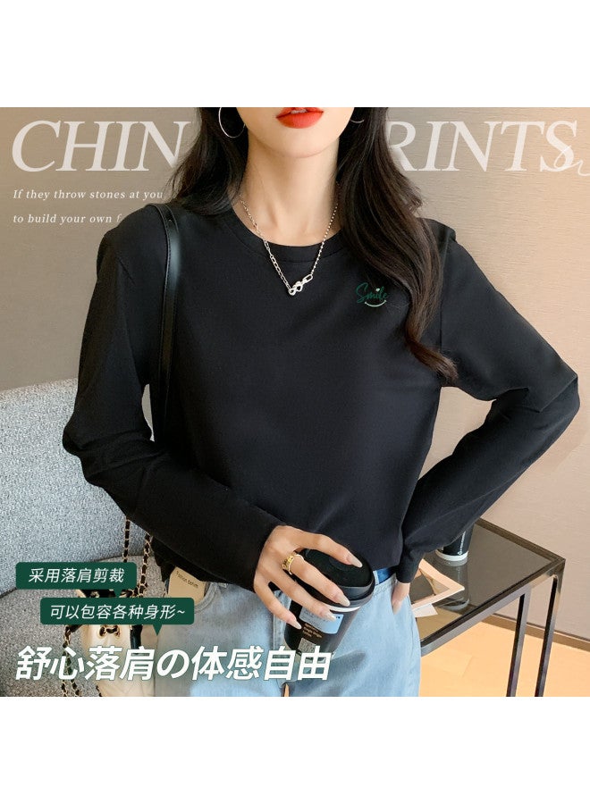 LANG SHA 100% Cotton Women'S Basic T-Shirt Versatile Round Neck Solid Color Print Long Staple Cotton Long Sleeve Top Women - Image 5