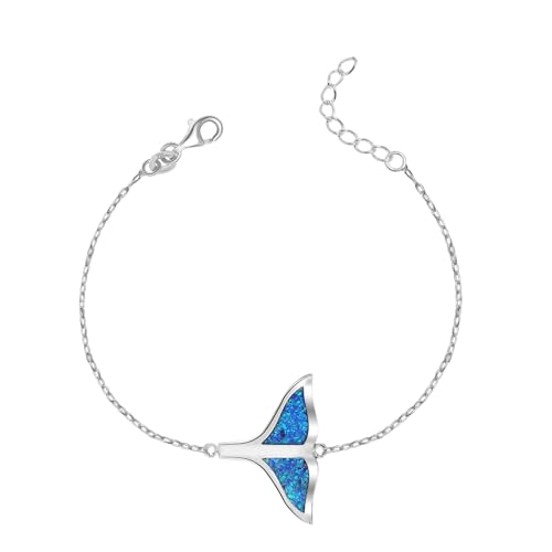 LeCalla 925 Sterling Silver Blue Opal Bracelet for Women | BIS Hallmarked Adjustable Whale Tail Bracelet | Good Luck Ocean Jewelry Gift for Mom, Daughter & Her 7.5 Inches - Image 1
