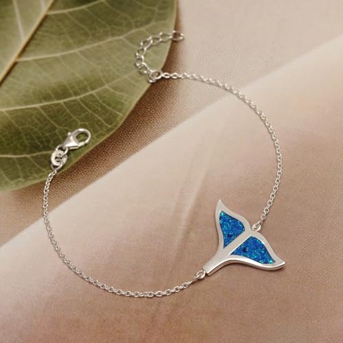 LeCalla 925 Sterling Silver Blue Opal Bracelet for Women | BIS Hallmarked Adjustable Whale Tail Bracelet | Good Luck Ocean Jewelry Gift for Mom, Daughter & Her 7.5 Inches - Image 3