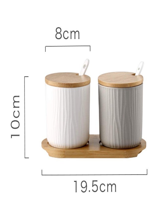 OnePine Set of 2 Ceramic Sugar Bowl 300ml Ceramic Spice Jar Condiment Pots with Bamboo Lid and Ceramic Spoon for Home and Kitchen, Height 3.93 inch,White and Gray - Image 2