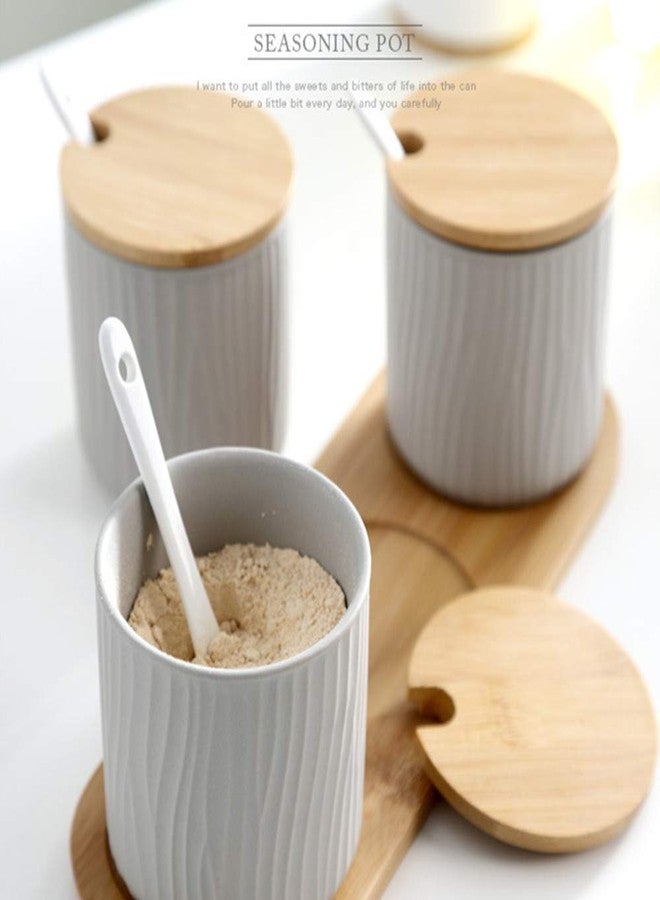 OnePine Set of 2 Ceramic Sugar Bowl 300ml Ceramic Spice Jar Condiment Pots with Bamboo Lid and Ceramic Spoon for Home and Kitchen, Height 3.93 inch,White and Gray - Image 5