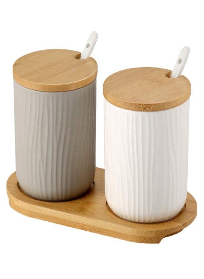 OnePine Set of 2 Ceramic Sugar Bowl 300ml Ceramic Spice Jar Condiment Pots with Bamboo Lid and Ceramic Spoon for Home and Kitchen, Height 3.93 inch,White and Gray - Image 1