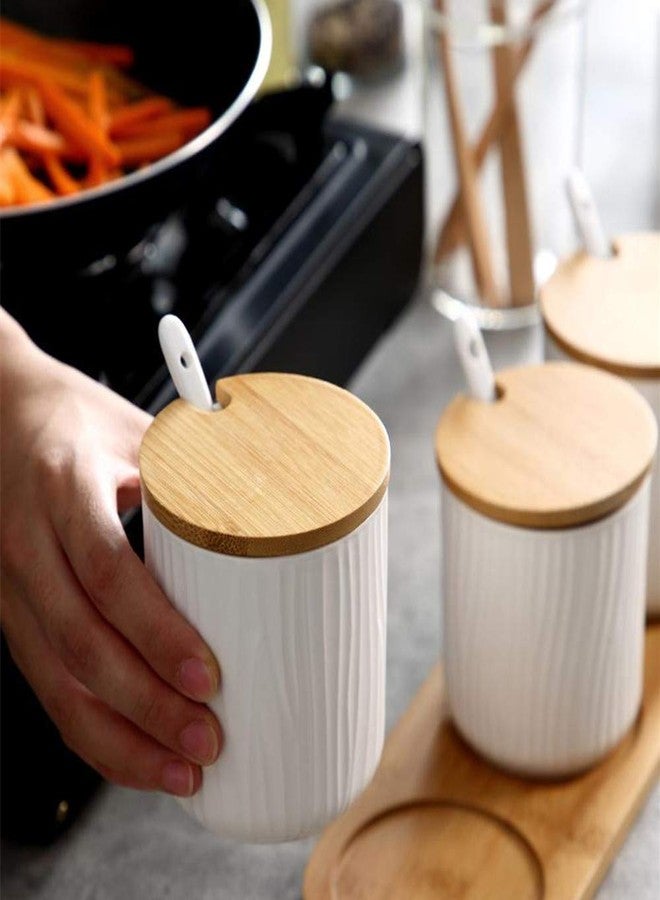 OnePine Set of 2 Ceramic Sugar Bowl 300ml Ceramic Spice Jar Condiment Pots with Bamboo Lid and Ceramic Spoon for Home and Kitchen, Height 3.93 inch,White and Gray - Image 4
