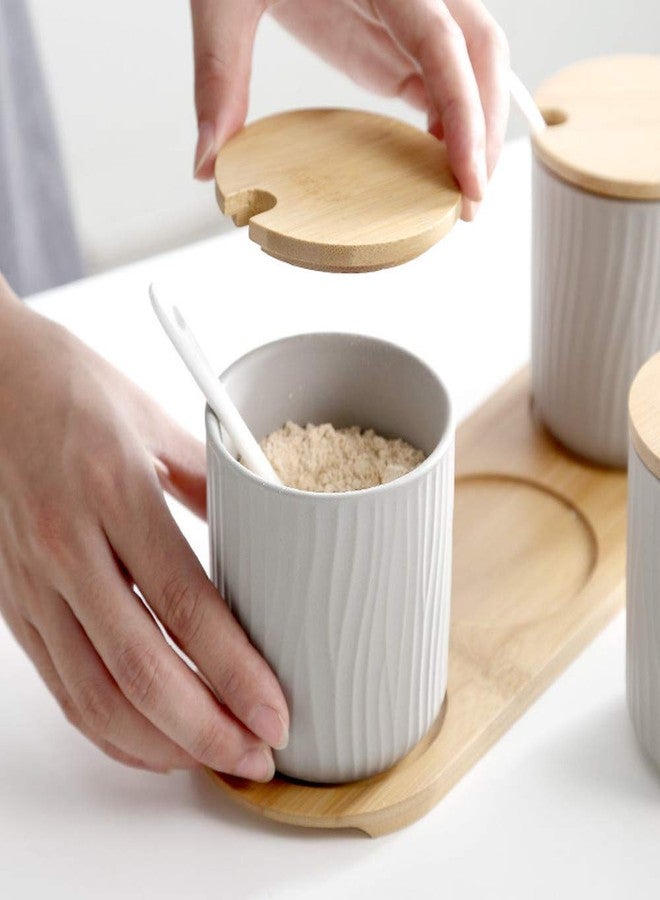 OnePine Set of 2 Ceramic Sugar Bowl 300ml Ceramic Spice Jar Condiment Pots with Bamboo Lid and Ceramic Spoon for Home and Kitchen, Height 3.93 inch,White and Gray - Image 3