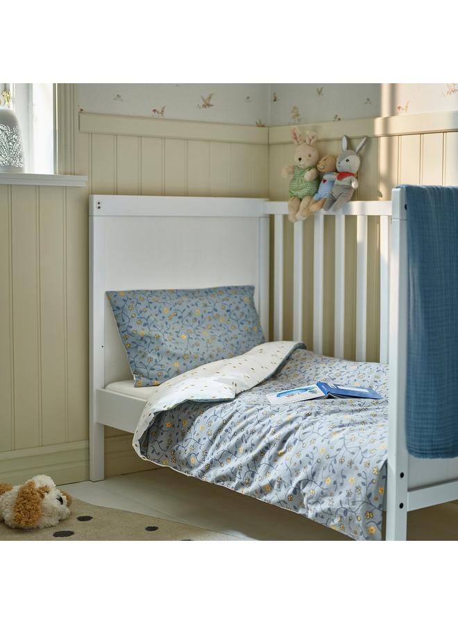 erorex Duvet cover 1 pillowcase for cot, blue/white floral pattern, 110x125/35x55 cm - Image 3