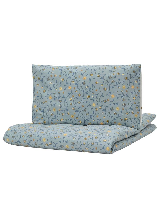 erorex Duvet cover 1 pillowcase for cot, blue/white floral pattern, 110x125/35x55 cm - Image 1