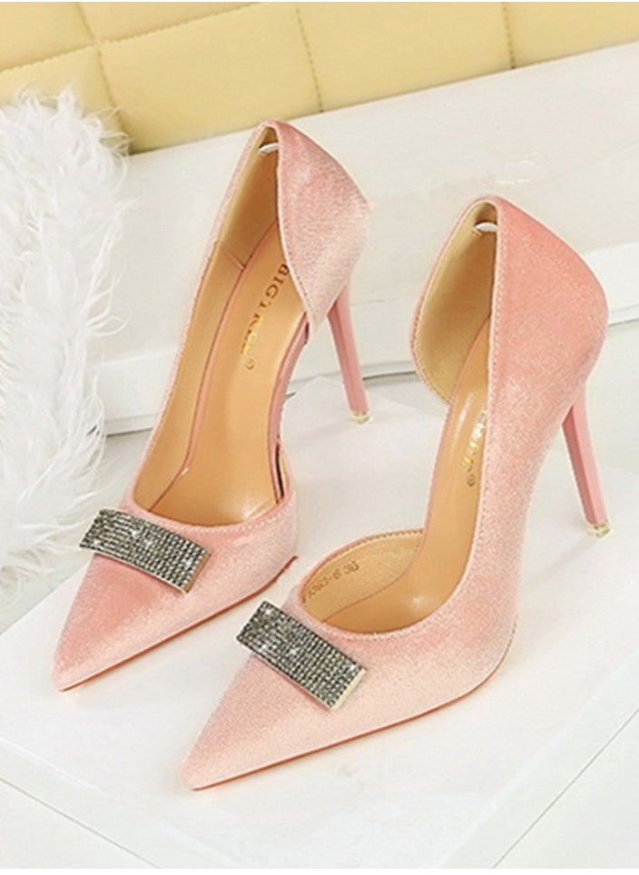 BIGTREE Women's Suede Closed Pointed Toe Stiletto Pump Rhinestone Square Buckle Decoration High Heels Pink 10.5 CM  - Image 1