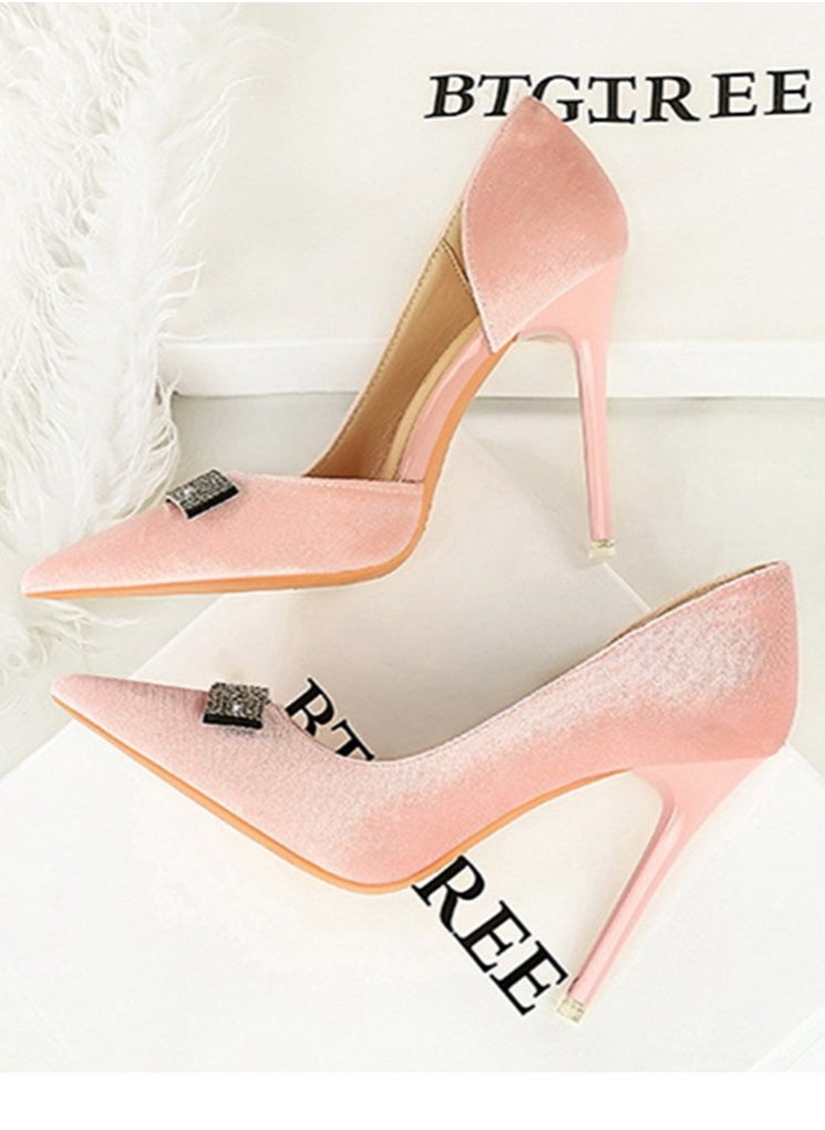 BIGTREE Women's Suede Closed Pointed Toe Stiletto Pump Rhinestone Square Buckle Decoration High Heels Pink 10.5 CM  - Image 3