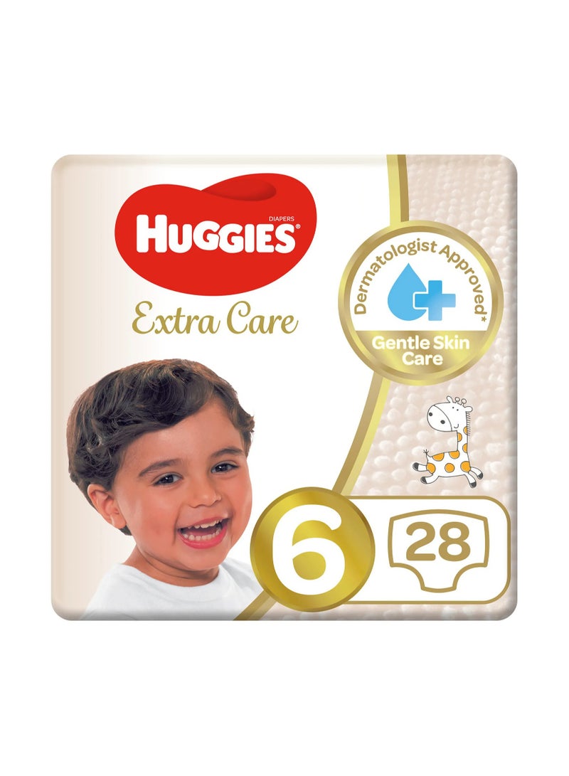 Huggies Extra Care Tape Stye Diapers, 28 Pieces, Size 6, 15kg+ - 12h Protection, Dermatologist Approved, Breathable