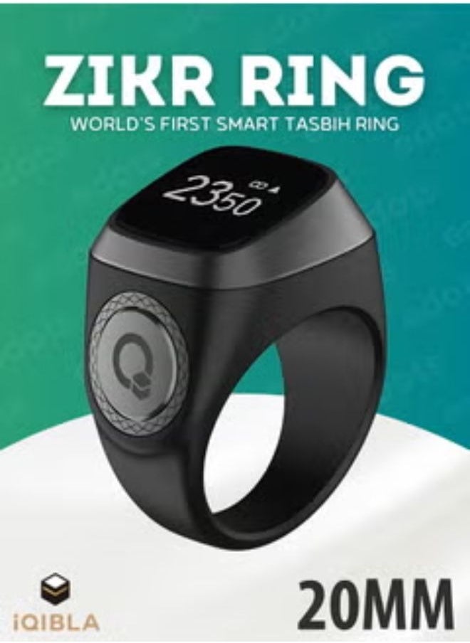 iQIBLA Smart Zikr Ring | 20 MM Prayer Counter, Tasbih Counter & Muslim Prayer Time Reminder | Waterproof Wearable Technology | Black and Gray  - Image 1