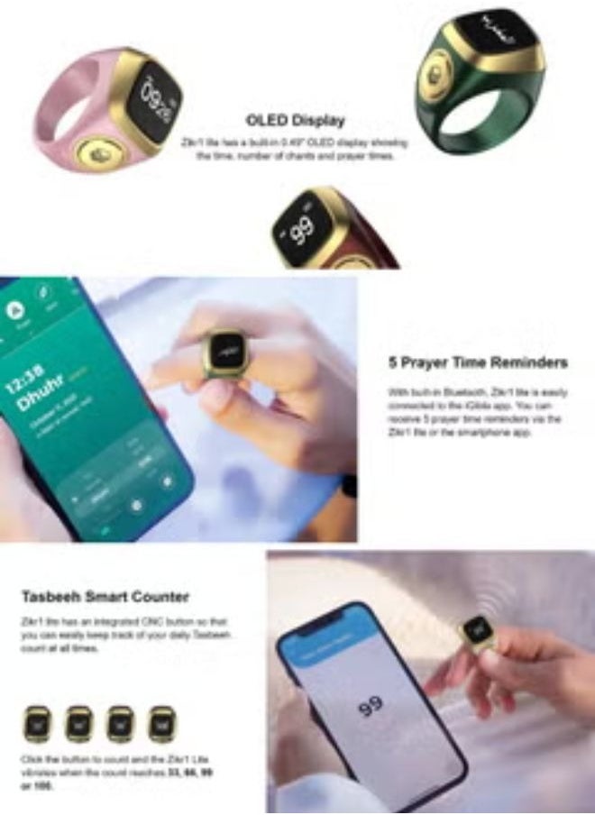 iQIBLA Smart Zikr Ring | 20 MM Prayer Counter, Tasbih Counter & Muslim Prayer Time Reminder | Waterproof Wearable Technology | Black and Gray  - Image 4