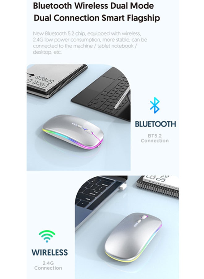 Wireless Bluetooth Mouse Rechargeable Laptop Mice with LED Lights Silent Slim Use(BT5.2 and Portable 2.4G USB Receiver)Dual Mode Computer Mouse for Laptop/iPad/Tablet/Apple/Computer/Mac(Silver) - Image 3