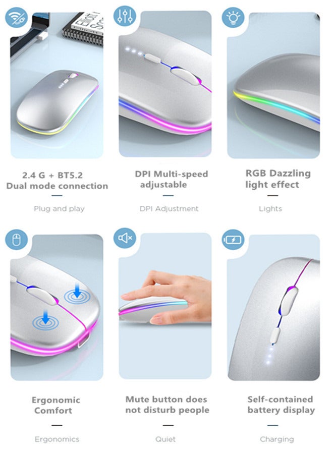 Wireless Bluetooth Mouse Rechargeable Laptop Mice with LED Lights Silent Slim Use(BT5.2 and Portable 2.4G USB Receiver)Dual Mode Computer Mouse for Laptop/iPad/Tablet/Apple/Computer/Mac(Silver) - Image 2