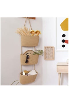SYOSI Over the Door Hanging Basket 3-Tier Woven Cotton Wall-Mounted Storage Organizer Bag Decorative Hanging Kitchen Baskets  Jute  - Image 5