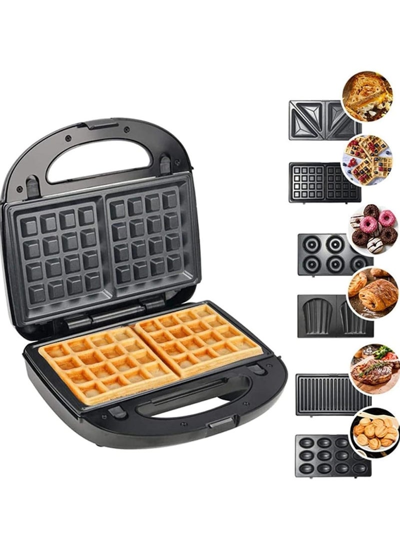 AMINAC Sandwich Maker & Waffle Maker, 6-in-1 Toaster Sandwich Maker with Non-stick Removable Plates, 750W Electric Panini Press Grill Breakfast for Grilled Cheese, Donuts, Steak, Black  - Image 1