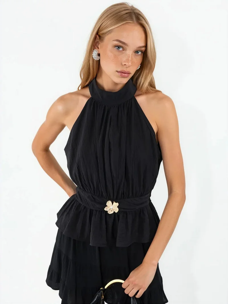 Busem BUSEM Women's Halterneck Belted Crepe Blouse
