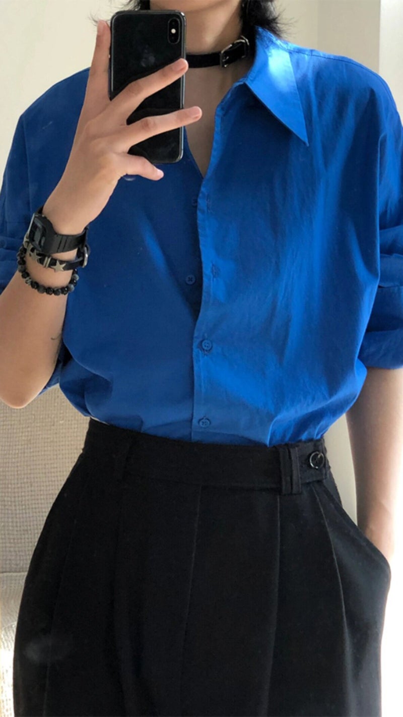 Spring and autumn season, Klein blue temperament, layered solid color temperament shirt, women's versatile and trendy long-sleeved Hong Kong style retro shirt - Image 1