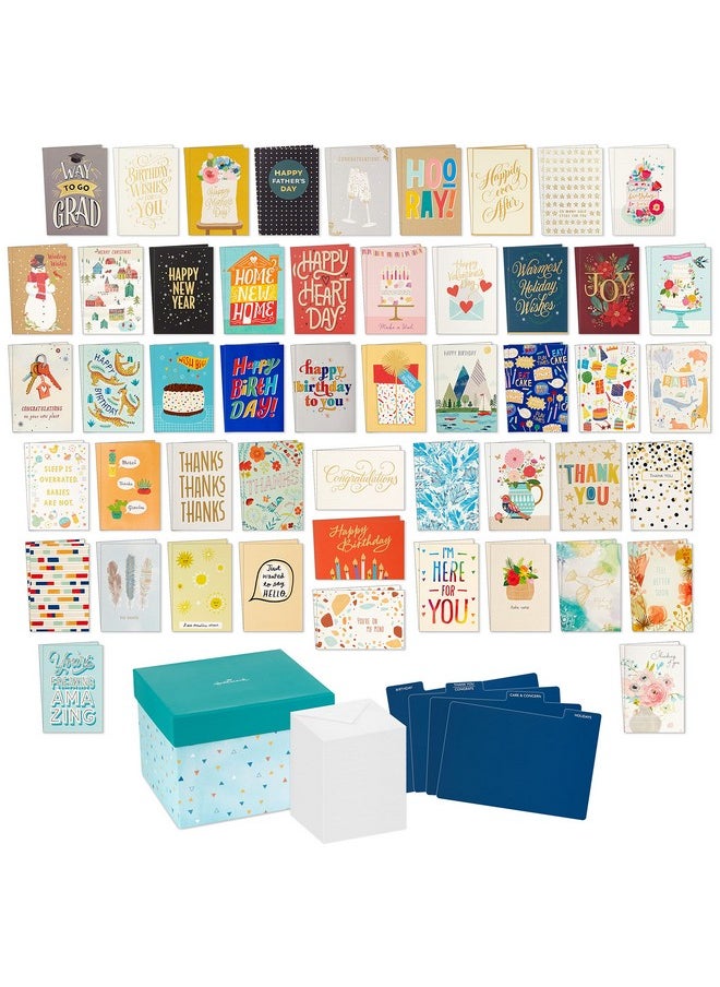 هولمارك مجموعة بطاقات تهنئة فارغة متنوعة من Hallmark All Occasion مع منظم بطاقات (عبوة من 100) - أعياد الميلاد، الشكر، التهاني، الزفاف، الطفل، التفكير فيك، التعاطف  - Image 1