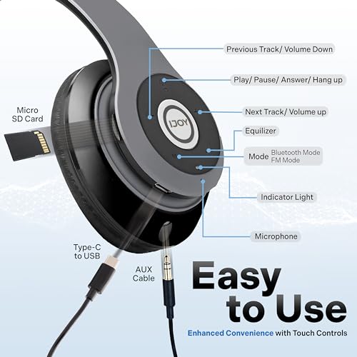 iJoy Bluetooth Headphones Over Ear, Wireless and Wired Foldable Headset Built-in Microphone, FM, Micro SD Card Slot - (Green) Adults Kids Men Women - Image 4