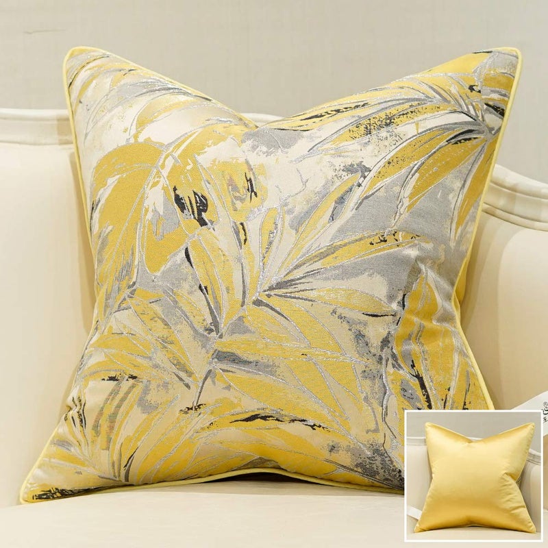Avigers Square Cushion Covers High Precision Jacquard Modern Yellow Feathers Throw Pillow Case Shell for Couch Sofa Home Decoration 24 X 24 Inches