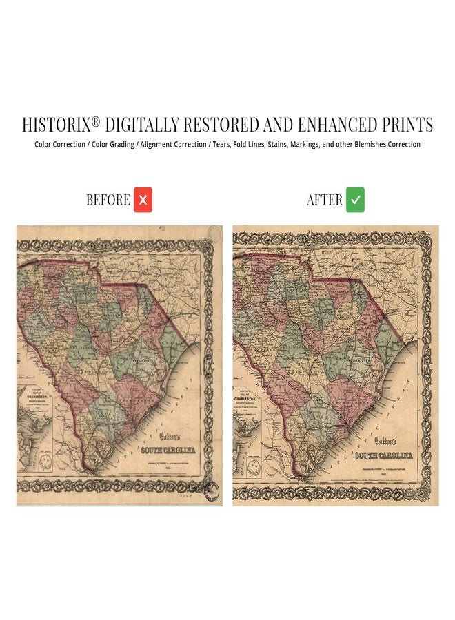 HISTORIX Vintage 1865 Map of South Carolina - 24x32 Inch Wall Art - Old Carolina Map Showing Cities, Towns,Roads, Railroads, Rivers and Forts - Image 3