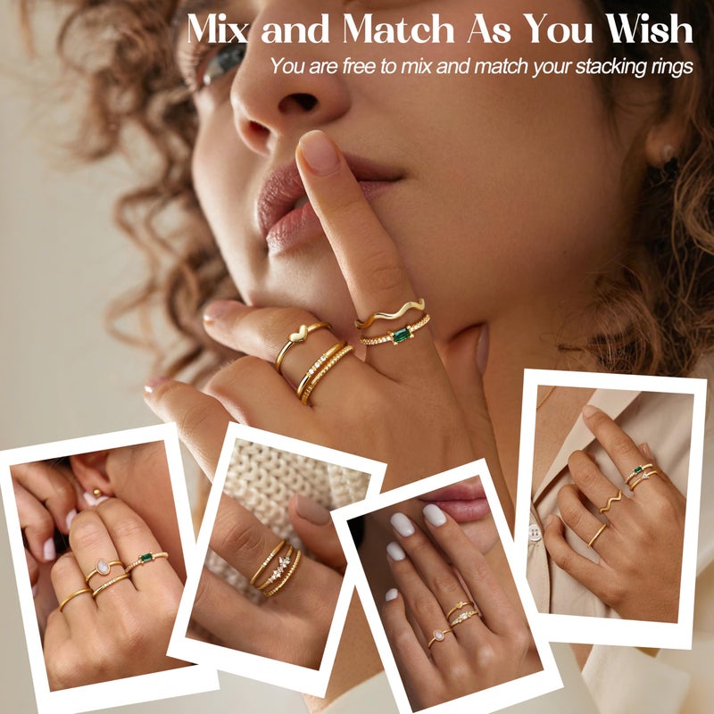 Fansilver 14K Gold Plated Stacking Rings for Women Simple Dainty Gold Stackable Knuckle Thumb Rings Heart CZ Opal Rings Plain Band Size 5-11 - Image 2