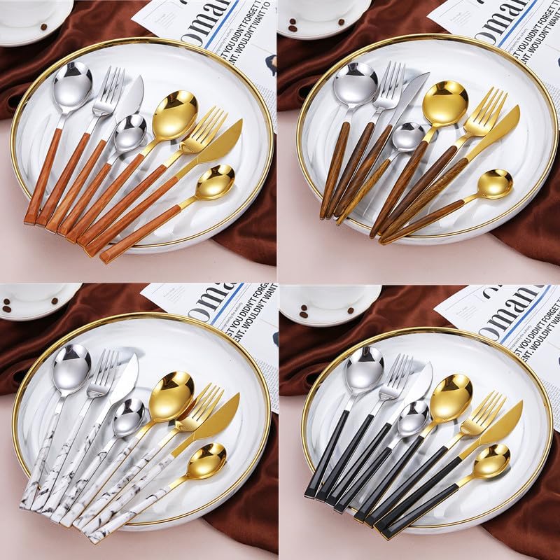 Silverware Flatware Cutlery Set, 5/20/30/40 Imitation Wooden Handle Stainless Steel Steak Knives and Forks Portuguese Tableware Set Spoons and Forks,Silver-40 Pieces for 8 - Image 3