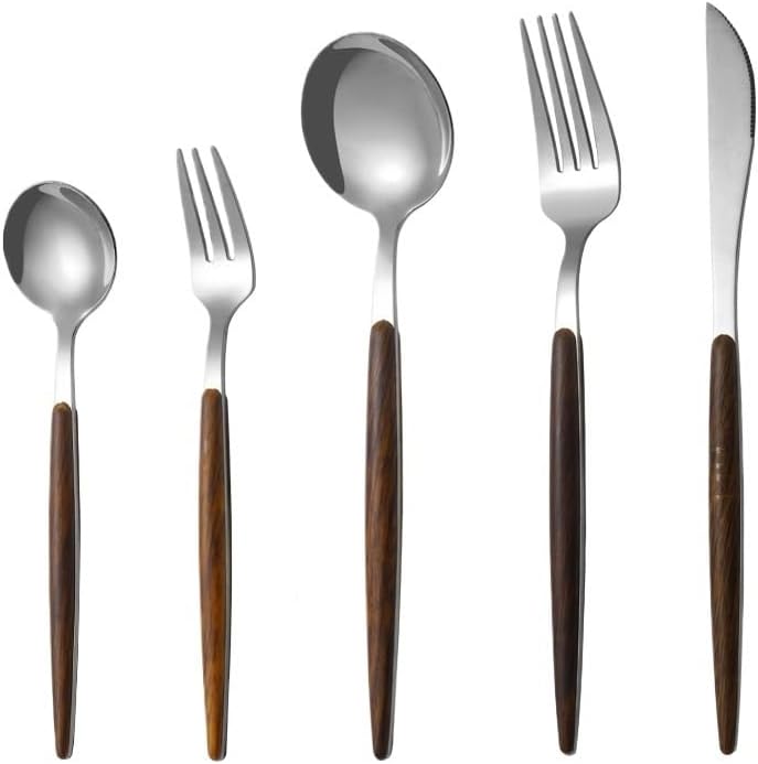 Silverware Flatware Cutlery Set, 5/20/30/40 Imitation Wooden Handle Stainless Steel Steak Knives and Forks Portuguese Tableware Set Spoons and Forks,Silver-40 Pieces for 8 - Image 1
