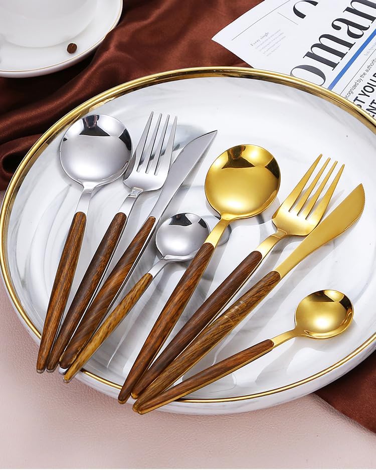 Silverware Flatware Cutlery Set, 5/20/30/40 Imitation Wooden Handle Stainless Steel Steak Knives and Forks Portuguese Tableware Set Spoons and Forks,Silver-40 Pieces for 8 - Image 4