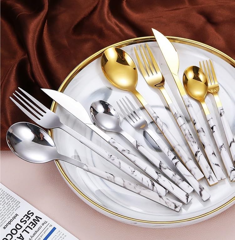 Silverware Flatware Cutlery Set, 5/20/30/40 Imitation Wooden Handle Stainless Steel Steak Knives and Forks Portuguese Tableware Set Spoons and Forks,Silver-40 Pieces for 8 - Image 5