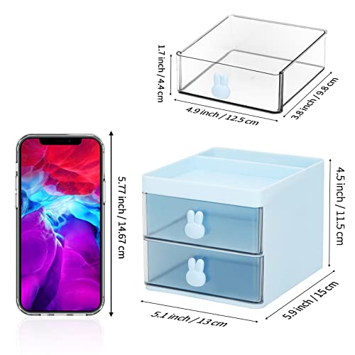 LETURE Small Desk Organizer With Drawer Office Desktop Storage Box Business CardPenPencilMobile PhoneStationery Holder Storage Box Makeup Organizer for Office School Home Blue - Image 3