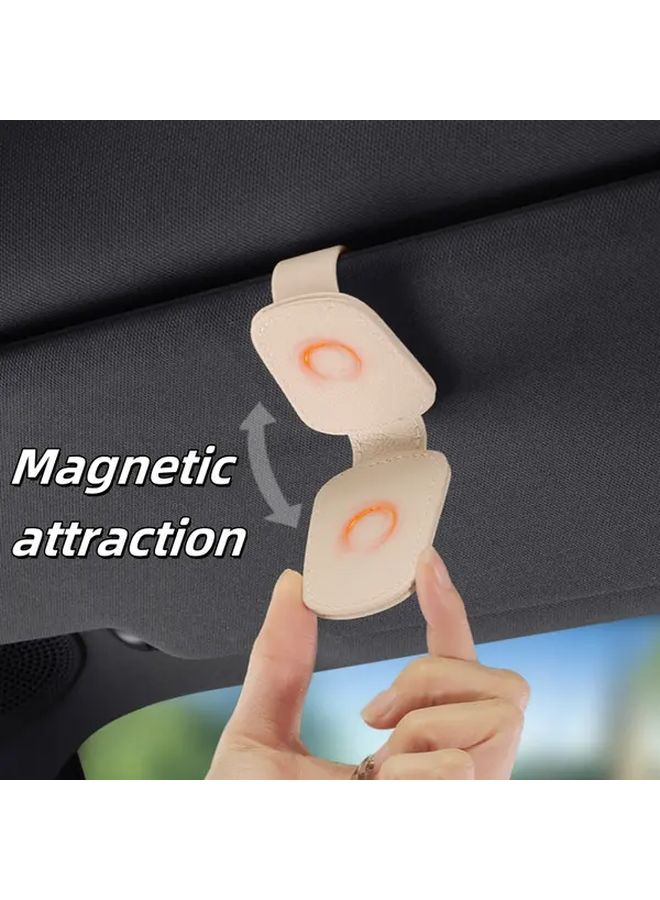 1 Piece Universal Magnetic Car Sunglasses Holder Beige Faux Leather Portable Clip For Sunshade Multi Functional Car Interior Accessory Minimalist Design Durable Clip - Image 5