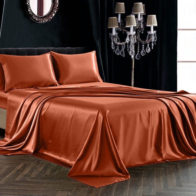 4PCS SATIN SHEET SET KING SIZE ULTRA SILKY SOFT AUTUMN ORANGE SATIN KING BED SHEETS WITH DEEP POCKET 1 FITTED SHEET 1 FLAT SHEET 2 ENVELOPE CLOSURE PILLOWCASES
