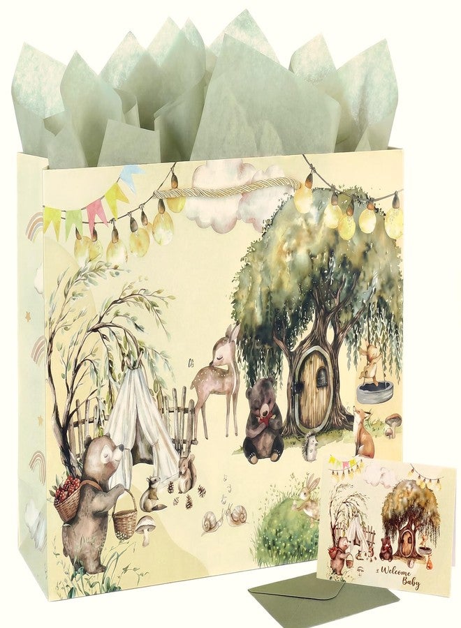 GFInYHM Woodland Gift Bag for Baby Shower with Tissue Paper & Card, 13" Large Paper Baby Gift Bag for Boys, Girls, Gender Neutral Forest Animals Welcome Baby Bag Set with Handles - Image 1