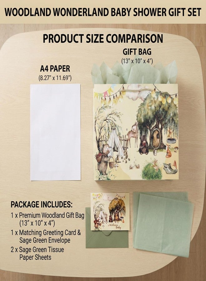 GFInYHM Woodland Gift Bag for Baby Shower with Tissue Paper & Card, 13" Large Paper Baby Gift Bag for Boys, Girls, Gender Neutral Forest Animals Welcome Baby Bag Set with Handles - Image 3