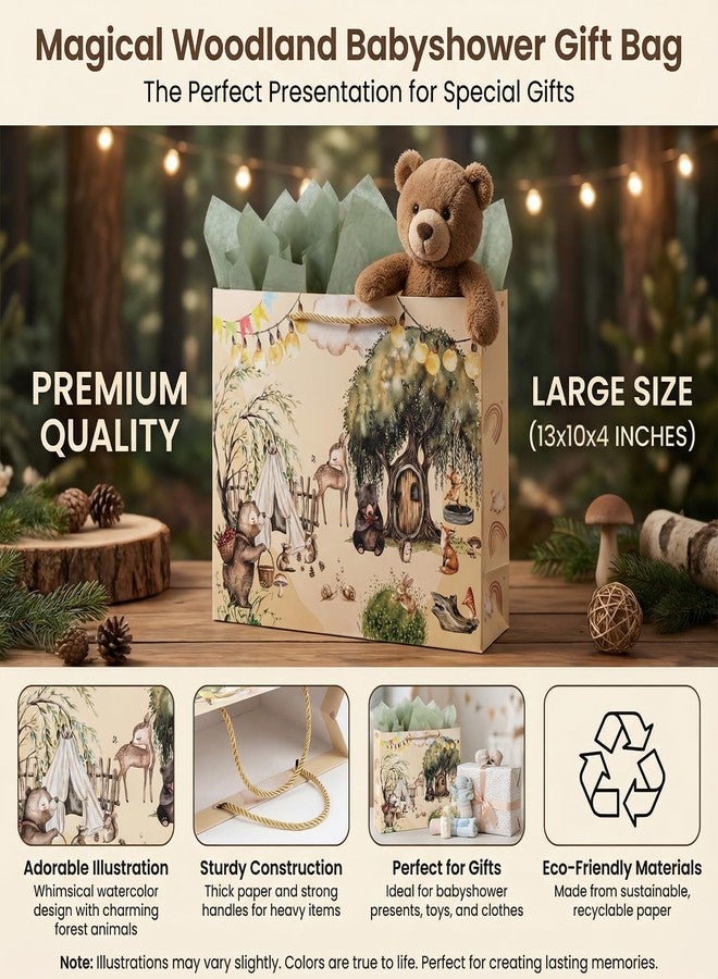 GFInYHM Woodland Gift Bag for Baby Shower with Tissue Paper & Card, 13" Large Paper Baby Gift Bag for Boys, Girls, Gender Neutral Forest Animals Welcome Baby Bag Set with Handles - Image 2