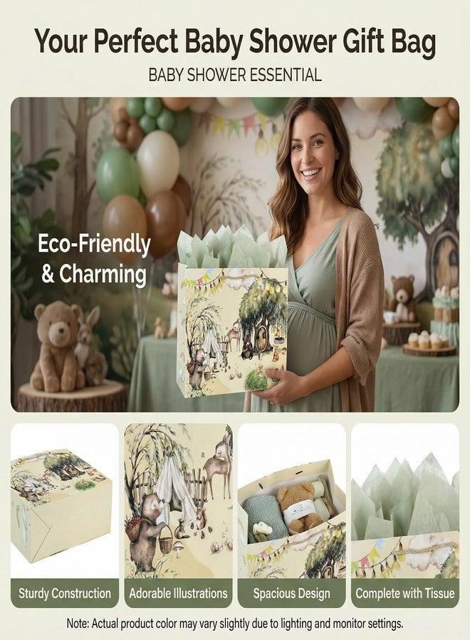 GFInYHM Woodland Gift Bag for Baby Shower with Tissue Paper & Card, 13" Large Paper Baby Gift Bag for Boys, Girls, Gender Neutral Forest Animals Welcome Baby Bag Set with Handles - Image 4
