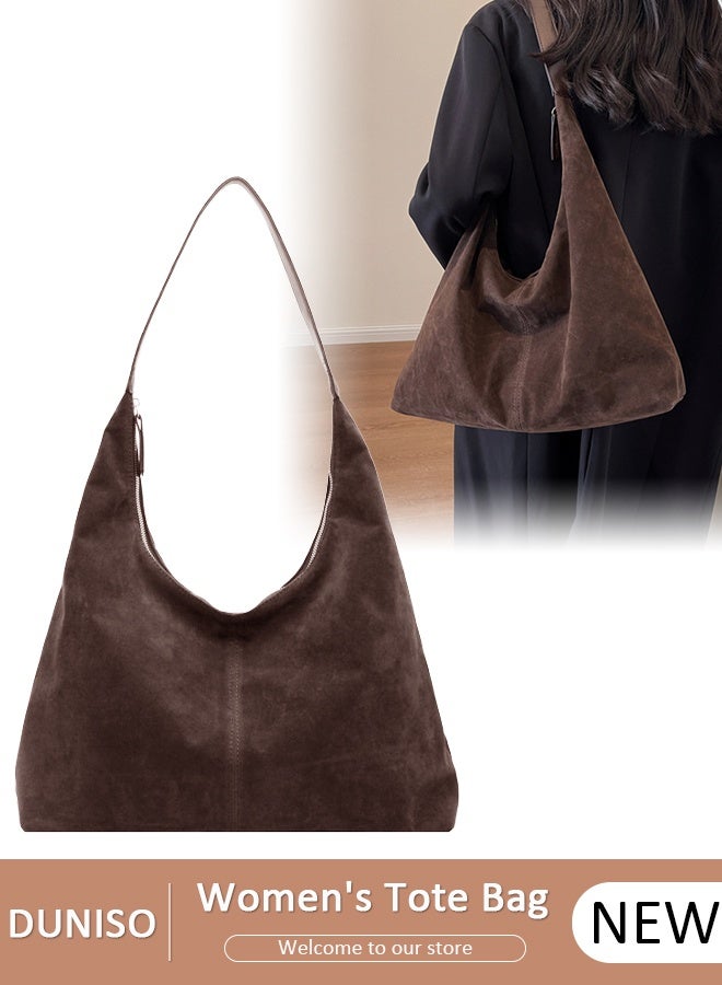 DUNISO Women's Suede Tote Bag Large Capacity,Handbag in Maillard Brown Tones Soft Faux Deer Leather Zip Top Shoulder Bag with Interior Pockets, Minimalist Purse for Work Commute， Shopping, Travel - Image 1