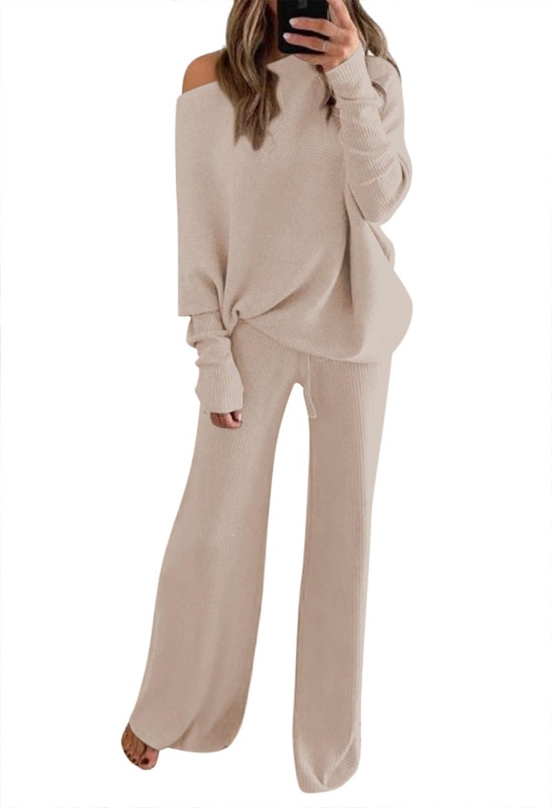 Fixmatti Off Shoulder Casual Knit Set for Women Knitted Pullover Sweater and Wide Leg Pants Sweatsuit Two Piece Apricot S - Image 1