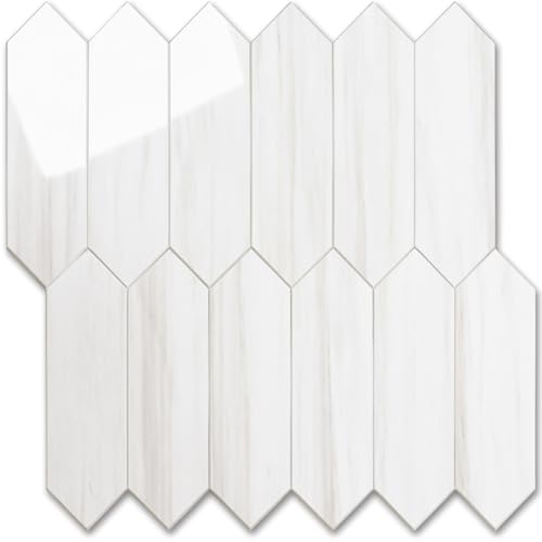 Vamos Tile بلاط فاموس اللامع من الدولوميت الأبيض لواجهة المطبخ، 12.8 × 12.8 بوصة، 10 ورقات بلاط موزاييك سداسي الشكل ذاتية اللصق من PVC، ملصق على واجهة المطبخ والحمام - Image 1