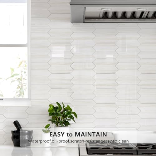 Vamos Tile بلاط فاموس اللامع من الدولوميت الأبيض لواجهة المطبخ، 12.8 × 12.8 بوصة، 10 ورقات بلاط موزاييك سداسي الشكل ذاتية اللصق من PVC، ملصق على واجهة المطبخ والحمام - Image 2