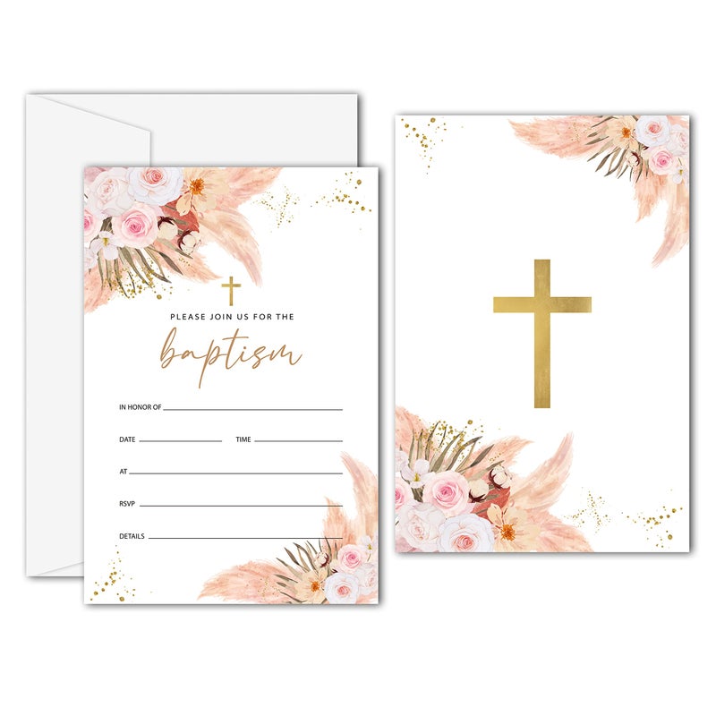 Disfuco Boho Floral Baptism Invitation Baptism Invitations with Envelopes Baptism Invitations for Boy Girl Christening Naming Ceremony Baptismal 25 Invitation Cards With 25 Envelopes C04