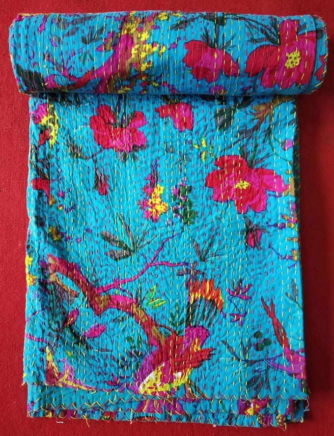 CREATIONS TRADITIONAL ETHNIC KANTHA INDIAN BEDDING SINGLE EMERALD COTTON TROPICAL FRUIT HAND STITCHED BEDDING BED COVER BY CREATIONS90X60 INCH