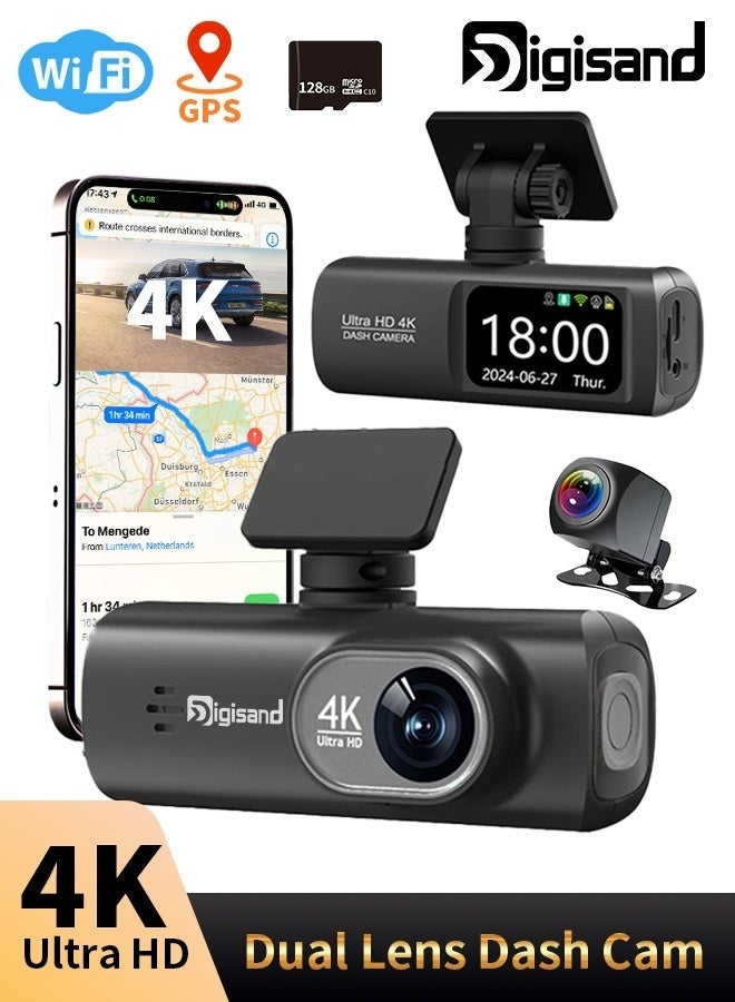 ديقيساند كاميرا داش كام فائقة الوضوح 4K للسيارات بعدسة أمامية وخلفية مزدوجة، عدسة أمامية بدقة 3840*2160 بكسل، عدسة خلفية، مزودة بتقنية واي فاي مدمجة، مستشعر جي، نظام تحديد المواقع العالمي (GPS)، مسجل فيديو رقمي للسيارة، مراقبة وقوف السيارات على مدار 24 ساعة مع رؤية ليلية - Image 1