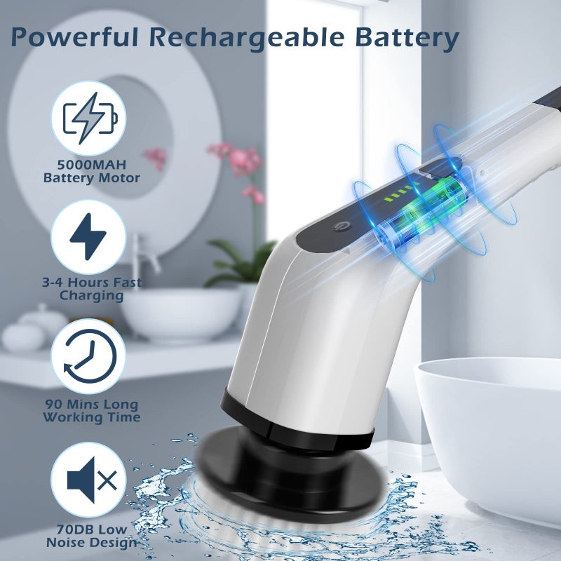 Bomves Electric Spin Scrubber, Cordless Cleaning Brush Scrubber for Home, 400RPM/Mins-8 Replaceable Brush Heads-90Mins Work Time, 3 Adjustable Size, 2 Speeds for Bathroom Shower Bathtub Glass Car - Image 3