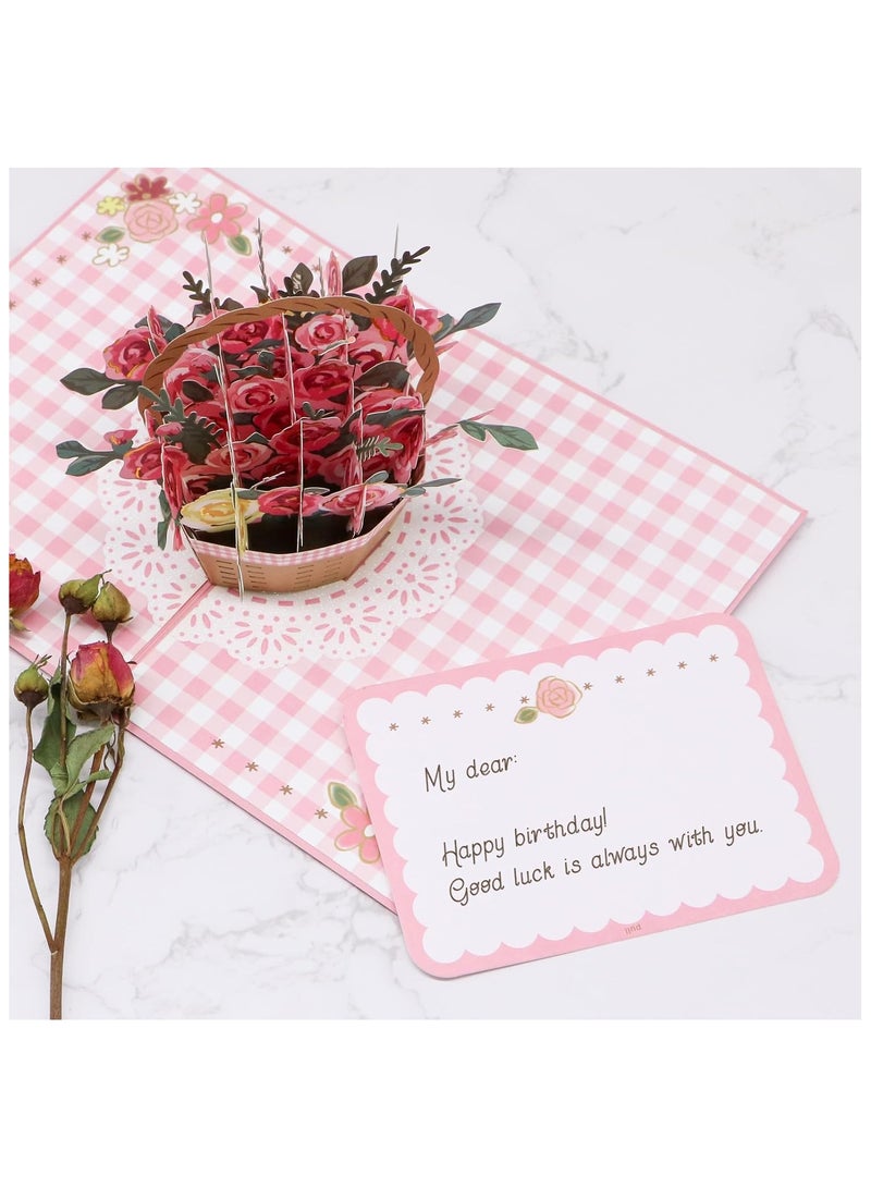 SYOSI 3D Rose Pop Up Card Floral Basket Greeting Card Includes Envelope and Note Tag for Personalized Messages Gift for Birthday Love Anniversary s Day Mothers Day Thank You - Image 2