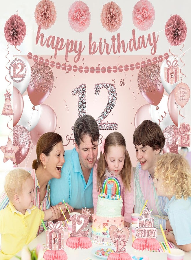Roetyce 12th Birthday Decorations for Girls, 20PCS Rose Gold 12th Birthday Banner Pom Poms Hanging Swirls Centerpiece Cake Topper Kit, Pink Happy 12th Birthday Party Decor for Her, 12th BDay Backdrop - Image 3