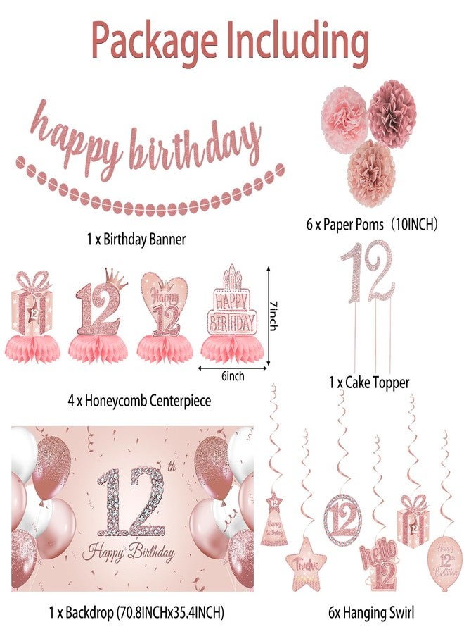 Roetyce 12th Birthday Decorations for Girls, 20PCS Rose Gold 12th Birthday Banner Pom Poms Hanging Swirls Centerpiece Cake Topper Kit, Pink Happy 12th Birthday Party Decor for Her, 12th BDay Backdrop - Image 2